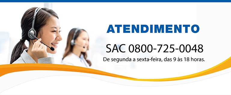 Banner atendimento SAC 0800 725 0048 de segunda a sexta-feira das 9 às 18 horas